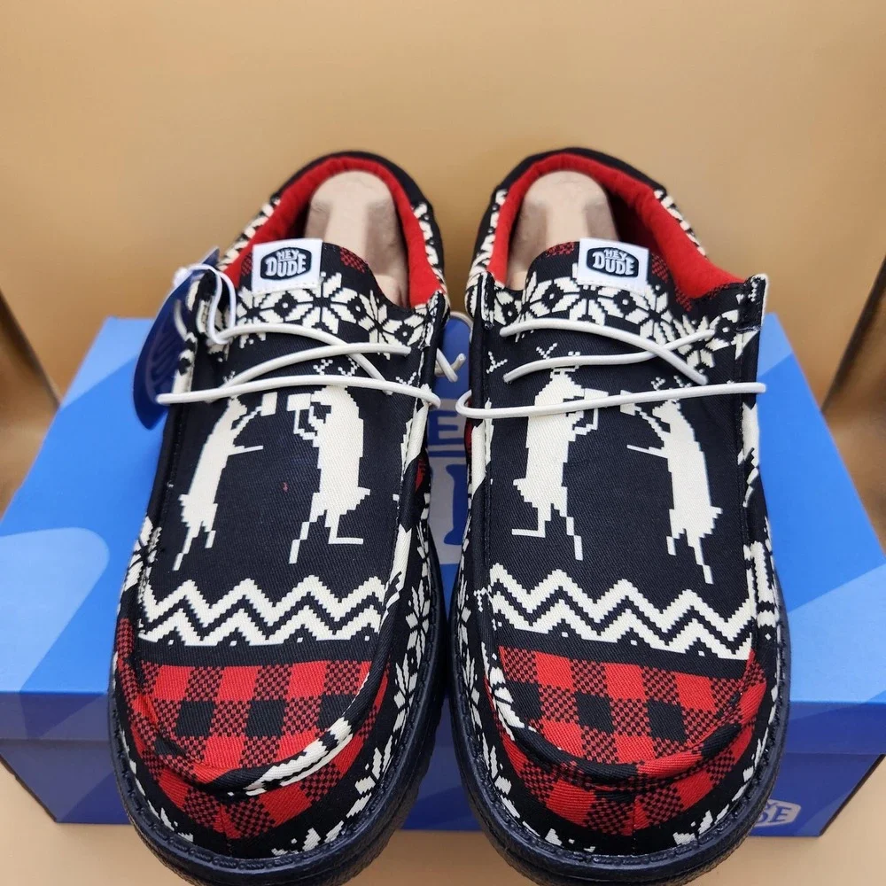 Hey Dude Wally Holiday Cheers Shoes Mens Size 11 Black Multi Casual Comfort Xmas